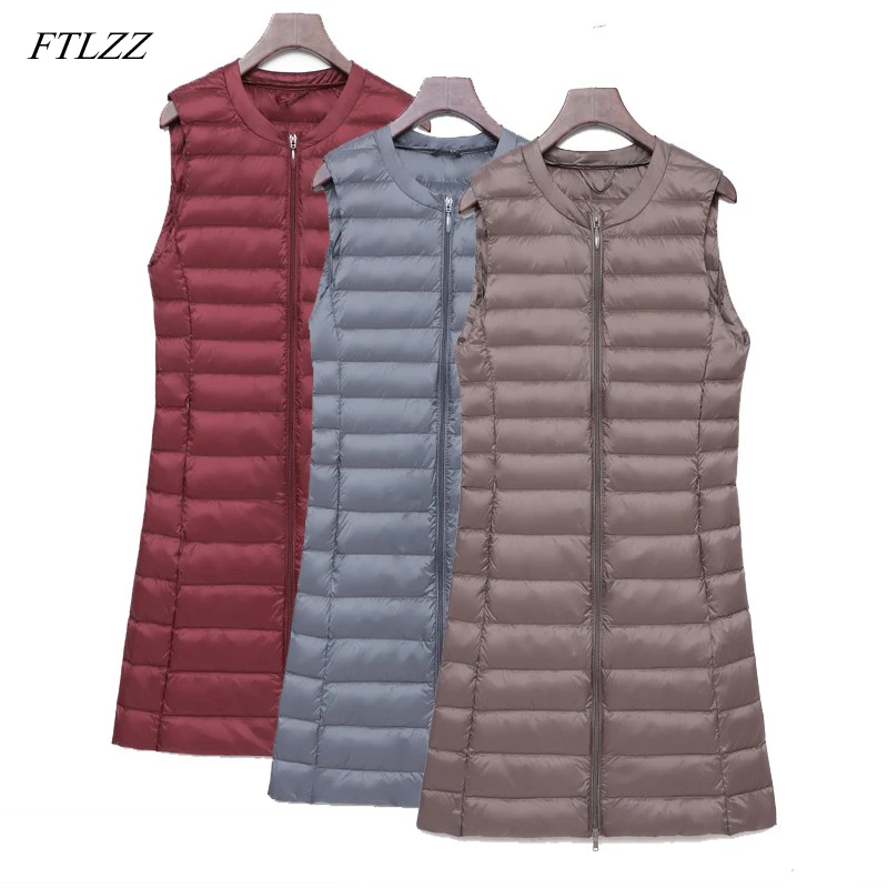 

FTLZZ New Ultra Light Down Vests Jacket Women White Duck Down Thin Coat Female Casual Zipper Medium Long Sleeveless Outerwear