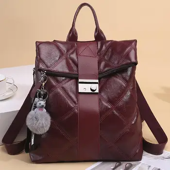 

PinShang Lady PU Leather Plaid Backpack High Capacity Waterproof Travel Shoulder Bag with Bear Pendant