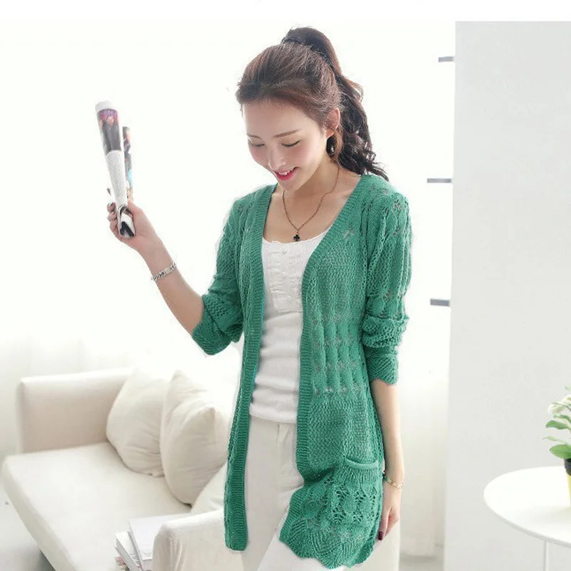 sweaters Вязаный кардиган для женщин, вязанный крючком, лето-осень, длинный рукав, кардиган Feminino,, корейский свитер, белый, черный, кардиганы, Pull Femme - Цвет: sweaters