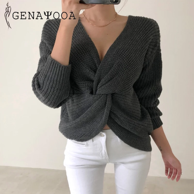 

Genayooa Cashmere Autumn Winter Women Sweaters Pullovers V Neck Criss Cross Sweater Ladies Sexy Jumpers Solid Top Mujer 2019