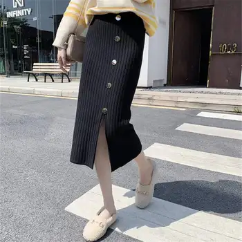 

Split Knitted Skirts Women Autumn Winter Warp Long Skirts Thicken High Elastic Waist Pencil Skirts Korean Vintage Button W101