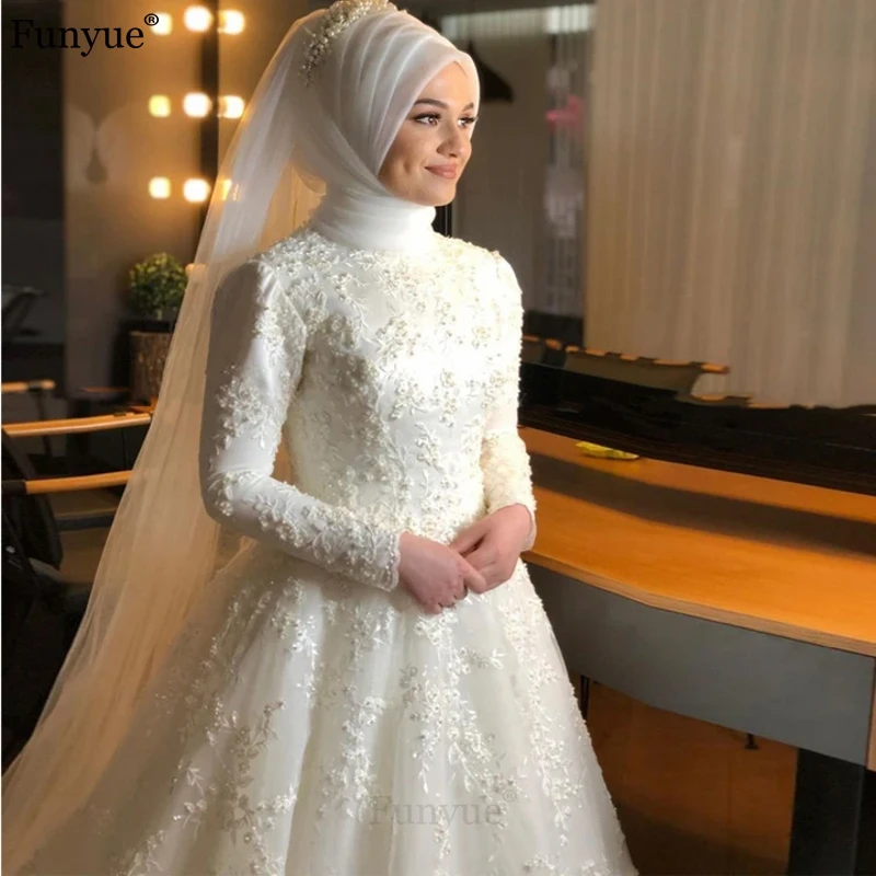 Islamic Ivory Full Lace Pearls Muslim Wedding Dress High Neck Long Sleeve Hijab Bridal Dress Elegant Vestidos De Novia 2020 lace wedding dress