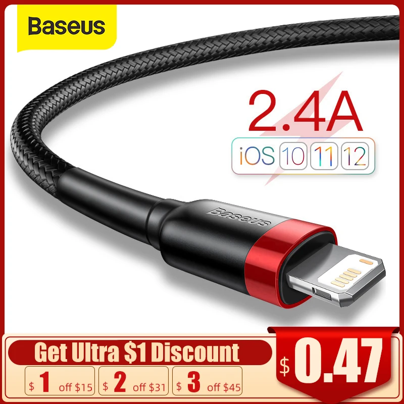  USB кабель Baseus для iPhone 12, 11 Pro Max, Xs, X, 8 Plus, кабель 2,4 А, кабель для быстрой зарядки для iPhone 7 SE, зарядный кабель, USB кабель для передачи данных 