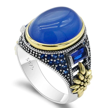 

Real 925 Sterling Silver Male Rings with Big Blue Agate Stone Vingate Men Ring with CZ Luxurious Exquisite Turkis Jewelry Gift