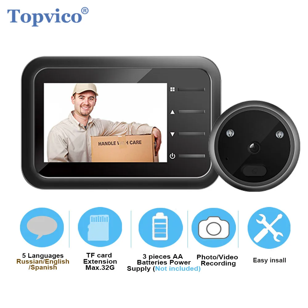 Topvico-timbre con mirilla para puerta de seguridad del hogar, cámara con vídeo y ojo, grabación automática, anillo electrónico, visión nocturna, visor Digital