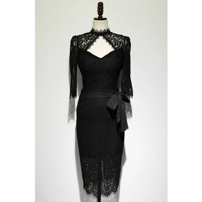 Autumn Hollow Out Lace Patchwork Black Sexy Vestidos Women's Bodycon Knee-Length Sheath Bowknot Party Dress