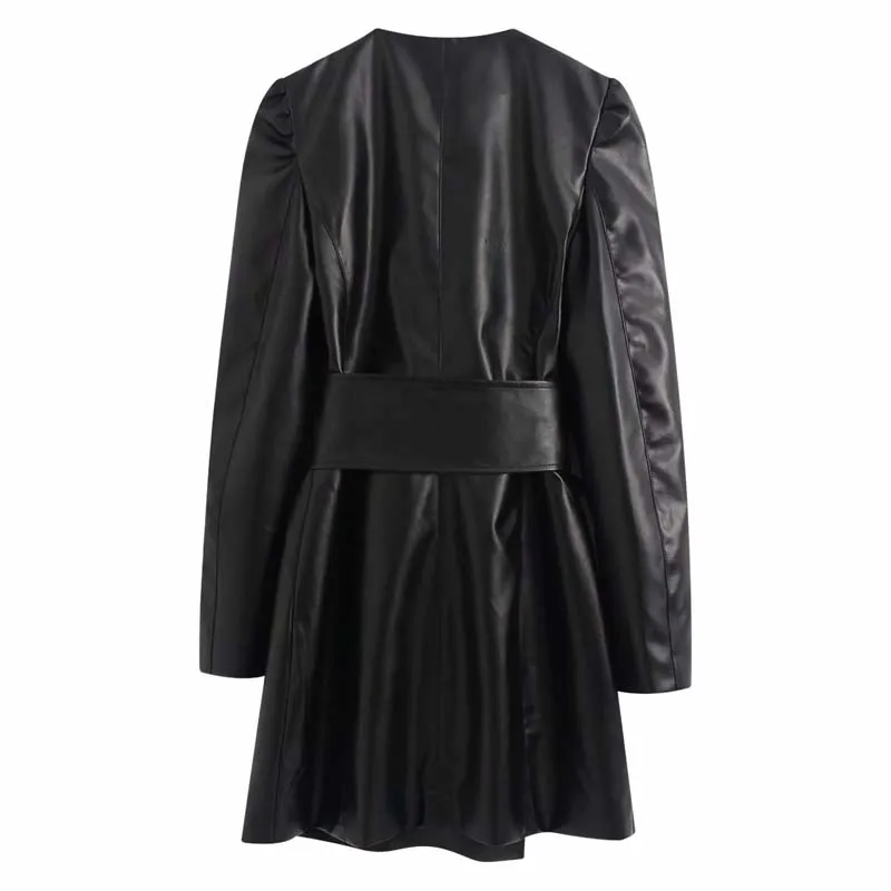 Elegant Women Blazer dress With belt Spring V-neck Office lady Black Female Faux Leather jacket Coat Fashion YNZZU 9O151