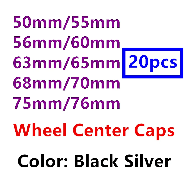 20 piezas 50mm 55mm 56mm 60mm 63mm 65mm 68mm 70mm 75mm 76mm negro coche plateado tapas de cubo de rueda Logotipo de tapas de llantas cubierta de placa