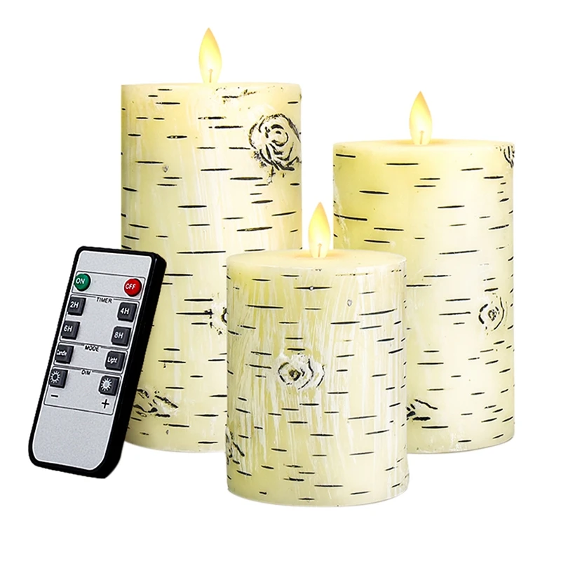 

Flameless Led Candles Flickering Birch Bark Unscented Pillar Moving Flame 4inch 5inch 6inch Set Of 3 Real Wax Battery Operated w