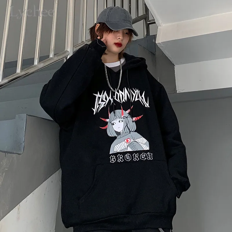 Lychee Harajuku темно дьявол Девушка Письмо для женщин с капюшоном флисовые толстовки осень леди флис Топ карман свободные женские флисовые толстовки