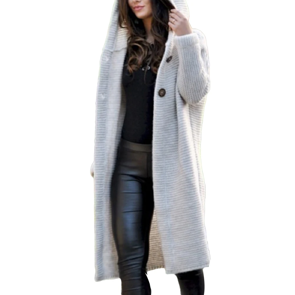 New Arrival Women Autumn Winter Solid Color Button Cardigan Sweater Midi Hooded Coat Outwear
