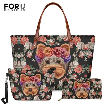

FORUDESIGNS Cute Floral Yorkie Design 3pcs Women Fashion Handbags Ladies Elegant Shoulder Bag Brand Designer Tote Bag for Female