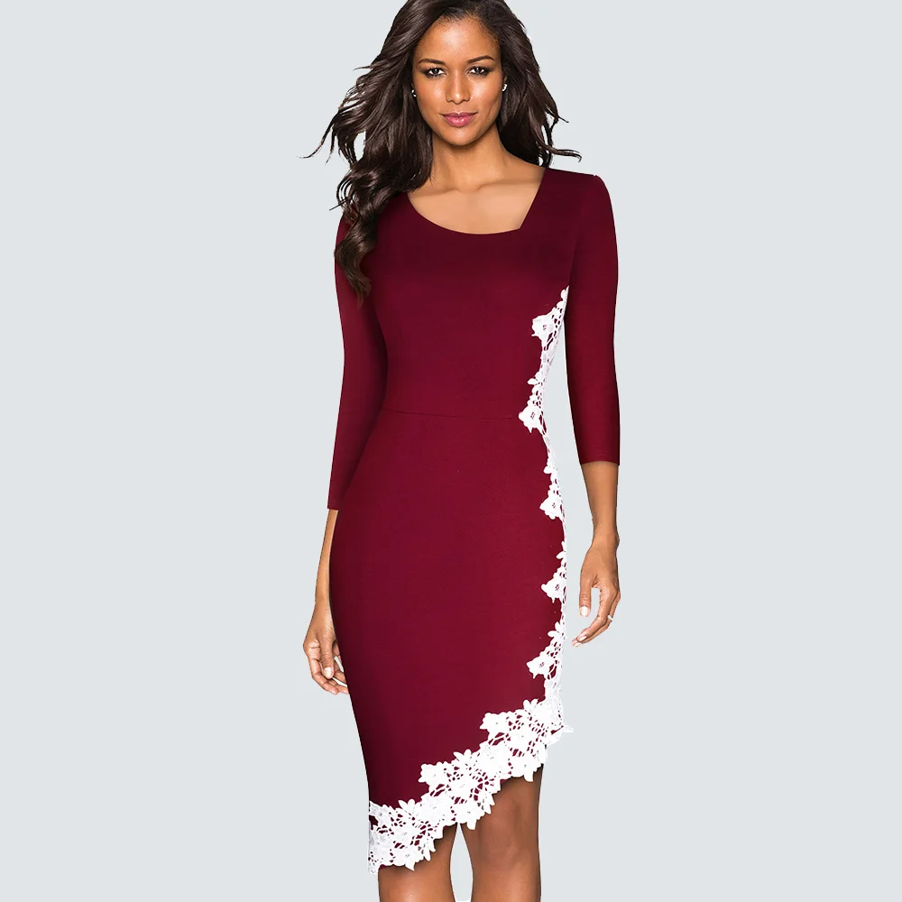 Осеннее цветочное кружевное лоскутное элегантное облегающее платье асимметричный воротник Повседневное платье карандаш HB561 - Цвет: Dark Red