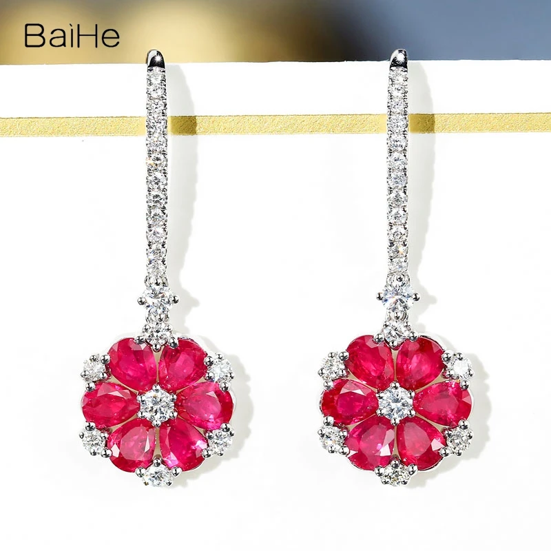 

BAIHE Real Solid 14K White Gold Natural Ruby Diamond Flower Earrings Women Gift Wedding Fine Jewelry boucle d’oreille kolczyki