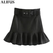 Мода Za, женские юбки, черные, весна, тонкая юбка с поясом на талии, эластичная, высокая талия, элегантные, плиссированные, мини, а-силуэт, для женщин, для девушек