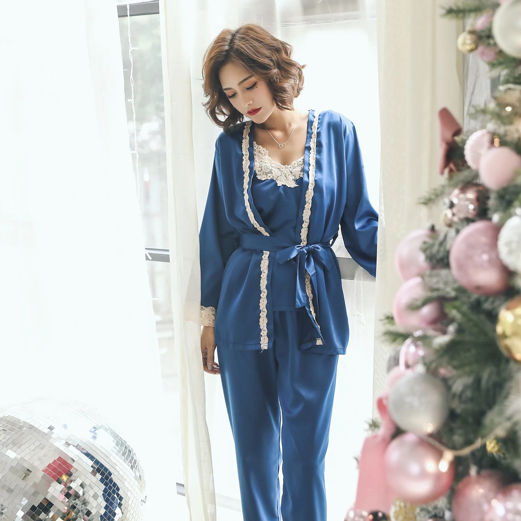 

Spring New Products Matte Satin Women's Three-piece Set Pajamas Top Grade Lace Soft Imitated Silk Fabric Homewear Set