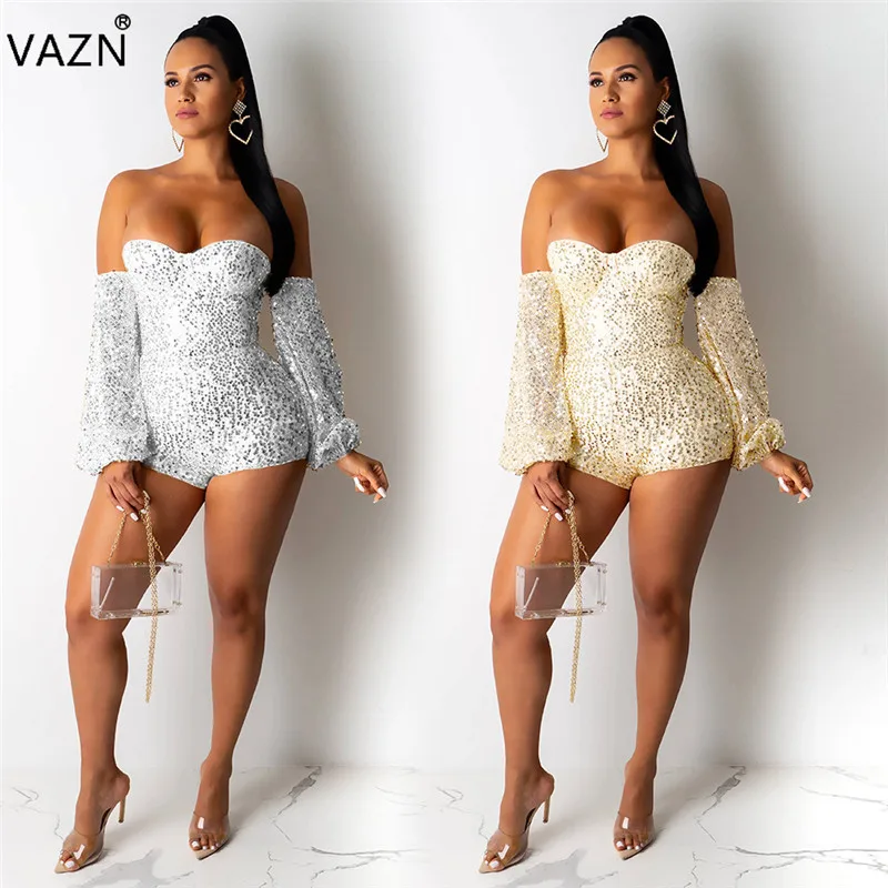 VAZN SN4902 New Open Heavy Industry Sequined Fashion Strapless Full Sleeve Solid High Waist Sexy Club Women Slim Playsuits
