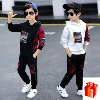 

Hot !Teenage Kids Boys Clothing Set Spring 2020 New Splicing Boys Set Plaid Long Sleeve Two-Piece Set 4 6 8 10 12 Year Old
