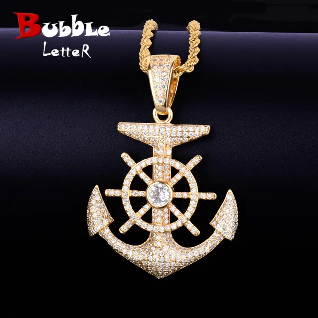 Gold Anchor shape Pendant Necklace Charm with Tennis Chain Ice Cubic Zircon Men s Hip hop Rock Jewelry