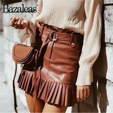 Bazaleas хаки модные Карманные женские юбки с высокой талией винтажные плиссированные юбки из искусственной кожи Франция пояса женские юбки