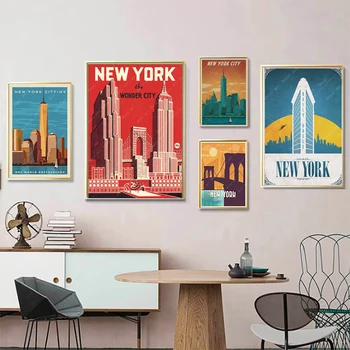 

Wonderful City America New York Vintage Travel Map Posters Canvas Painting Kraft Poster Coated Wall Sticker Home Decoration Gift
