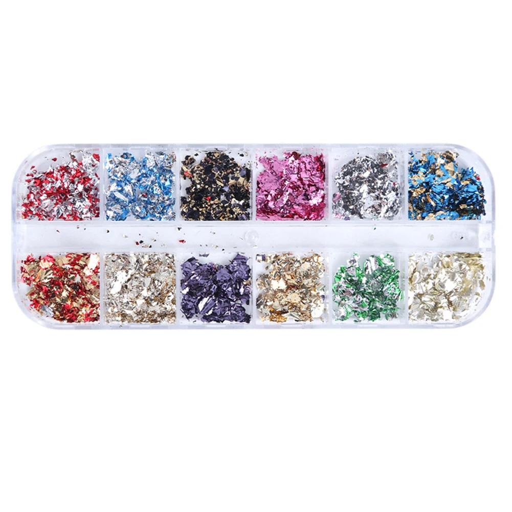 12 Colors Gold Silver Irregular Aluminum Foil Paper Nail Art Sticker 3D Glitter DIY Manicure UV Gel Polish Nail Decoration Tools