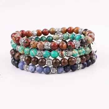 New Design Fashion Natural Stone Beaded Vintage Silver Tube Elastic Beads Bracelet Women
