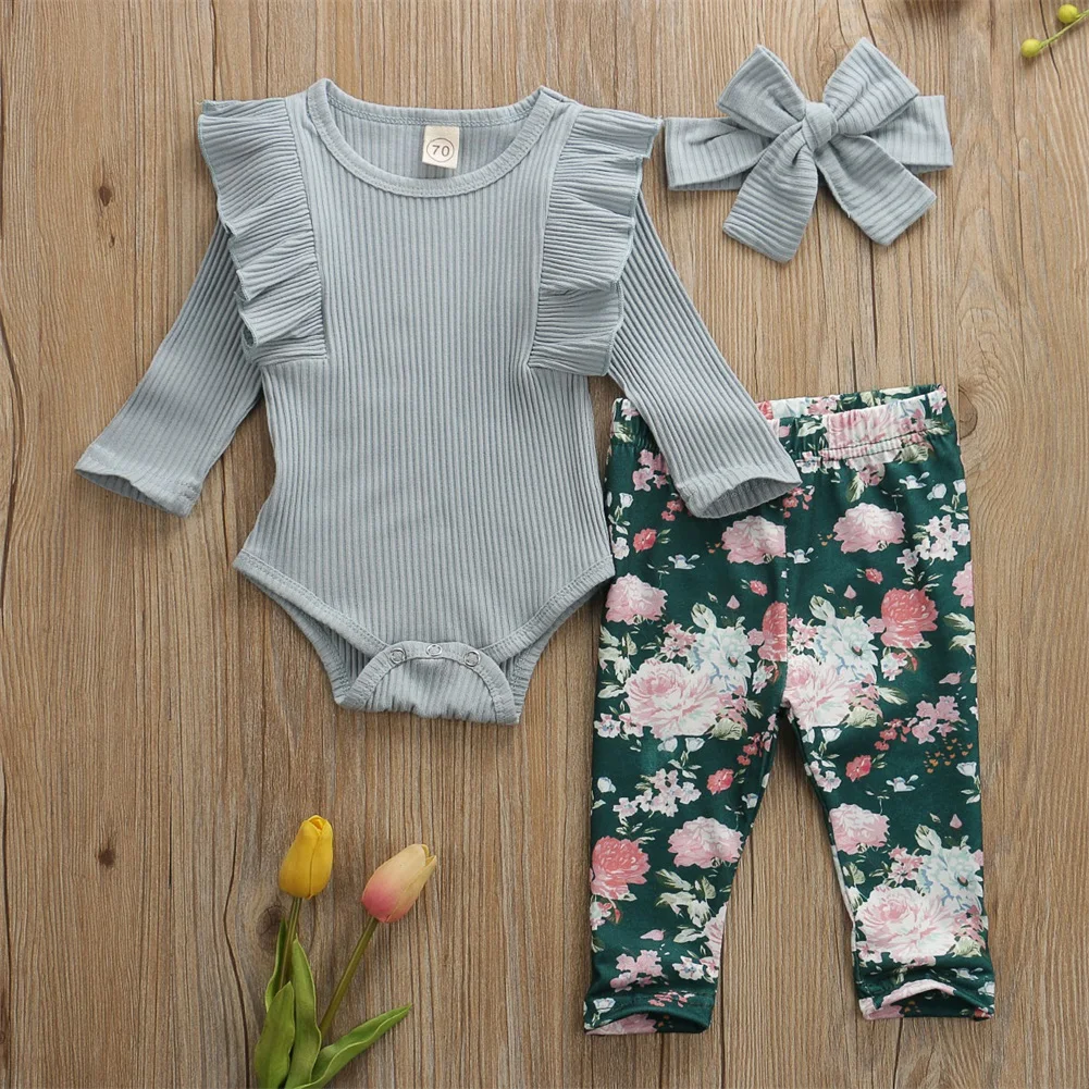 Pudcoco/Одежда для новорожденных девочек; Однотонный вязаный хлопковый комбинезон; топы с цветочным принтом; длинные штаны; повязка на голову; комплект одежды из 3 предметов