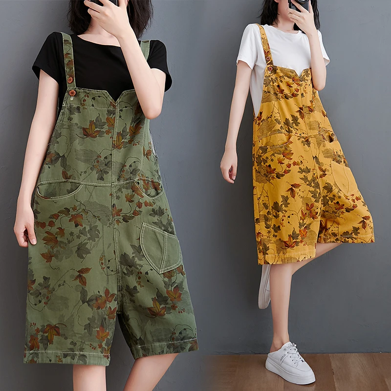 

#1532 Summer Vintage Floral Print Denim Overalls Women Sleeveless Loose Retro Wide Leg Short Jumpsuit For Women Spaghetti Strap