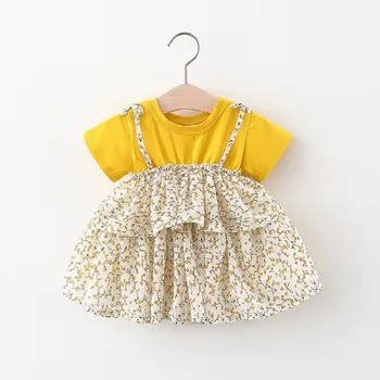

2020 Summer Baby Girls Short Sleeve O Neck Patchwork Floral Print Cute Princess Party Kids Dress Infant Clothes vestidos