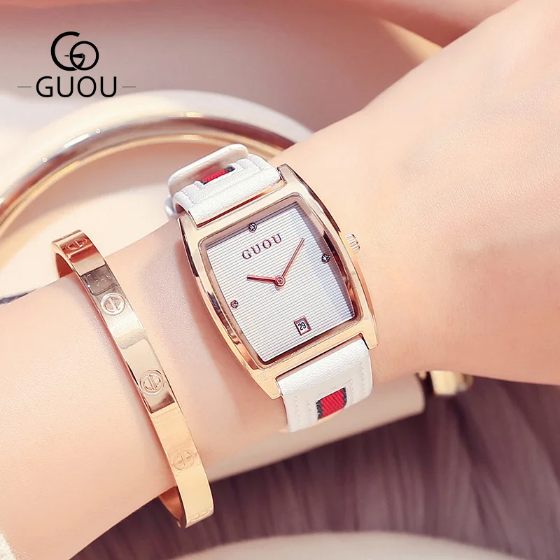 

Guou Square Gold Frame Steel Belt Women's Watch Fashion Leather Belt Four Measuring Simple Clock Dribbling Calendar Watch WOMEN'