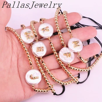 

10Pcs Freshwater pearl with cz Letter charm bracelets,Braided Macrame Copper Beaded Bracelet Charm Adjustable Jewelry