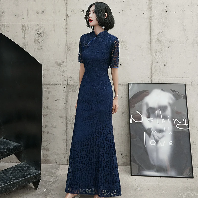 Темно-синие Элегантные платья Cheongsam, новинка, женские вечерние платья с коротким рукавом, сексуальные платья в китайском стиле, воротник-стойка, Qipao Vestidos