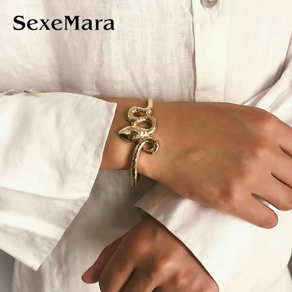 SexeMara Serpentine Exaggerated Bangles For Women Retro Curved Niche Original Creative Unique Geometric Metal Opening Jewelry | Украшения и