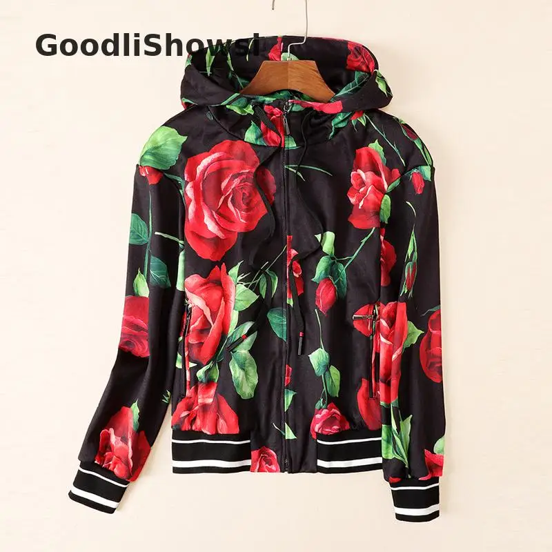 GoodliShowsi уличный шикарный спортивный костюм комплект из 2 предметов куртка с капюшоном на молнии с принтом розы Топы+ подходящие леггинсы женские костюмы