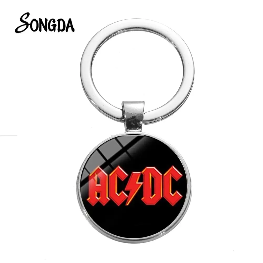 

SONGDA ACDC Pop Rock Music Band Fans Keychain European and American AC/DC Red Logo Glass Time Gem Letter Key Ring Chain Fashion