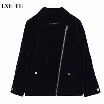 

LXMSTH Fall 2019 Large Size Velvet Jacket Women Blue Wine Red Plus Size Casual Zipper Velvet Coats Ladies Basic Coat 4xl