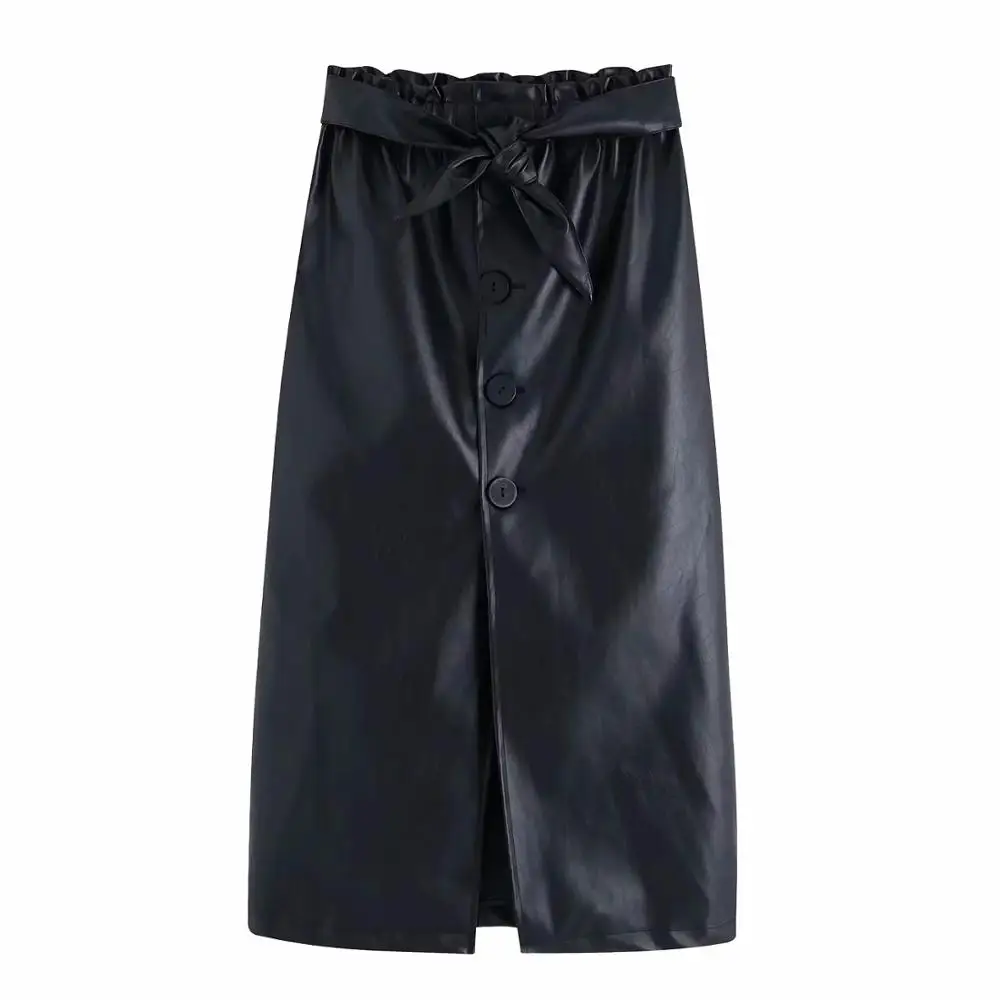 Увядшая английская Высокая уличная Высокая талия однобортная юбка из искусственной кожи с поясом Женская юбка faldas mujer moda миди юбки для женщин - Цвет: Черный