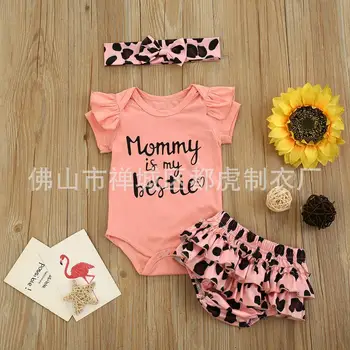 

Baby Girls Summer Clothes Short Sleeve Romper Tops Leopard Ruffled Shorts Headband Outfits Set