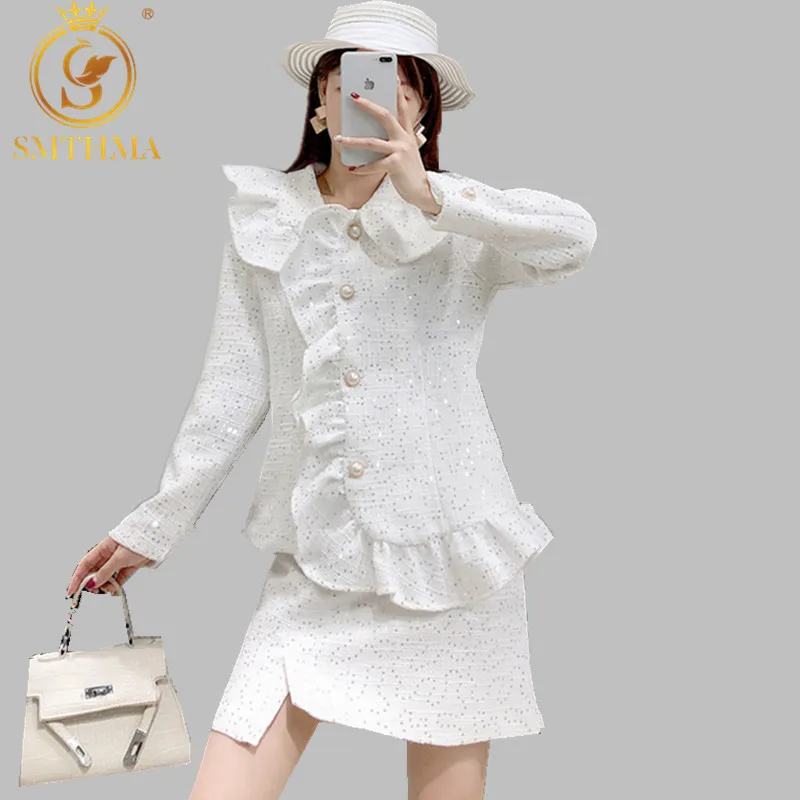 

2019 New arrival tweed jacket + autumn /winter women's woolen skirt suit professional business sequin custom ldies 2-piece set