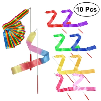 

10Pcs 3.2M Ribbon with Stick Art Dancing Baton Streamers Riband for Children Youngers Kids Dancing