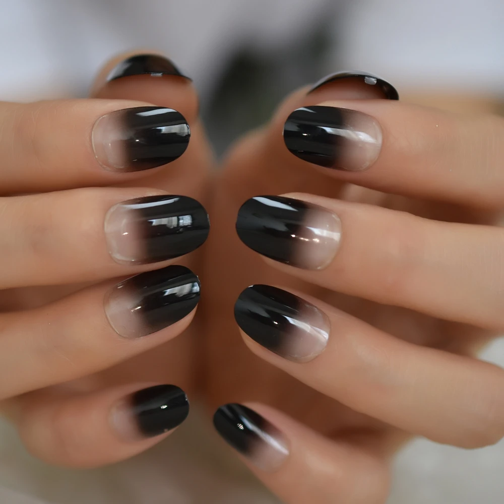 False Nails Black Ombre Clear Short Oval Press On Fingernails Designed For  Daily 24 Count From Carloas, $24.7 | Dhgate.Com