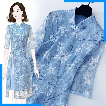 

Elegant Slim Girls 2020 Summer Autumn Floral Print Lace Cheongsam For Women Blue Buttoned Up Formal Floral Party Dress Vestidos