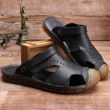 

2020 New Men's Lether Sandals Male Drive TPR Casual Handmade Stitching Slipper Summer Rubber Sole Beach Shoes