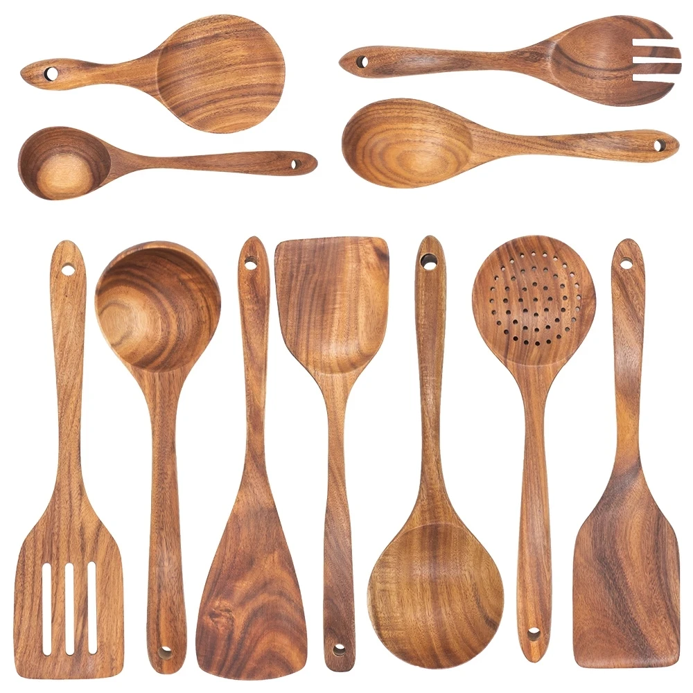 1 11pack Wooden Kitchen Utensils Set Wooden Spoons For Cooking Natural Teak Wood Kitchen Spatula Set For Including Cooking Tool Sets Aliexpress