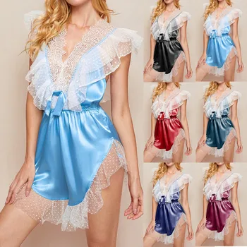 

NIOWORLD sexy lingerie night dress sexy sleepwear lace nightwear women nightgowns night gown V Neck red satin dress gecelik