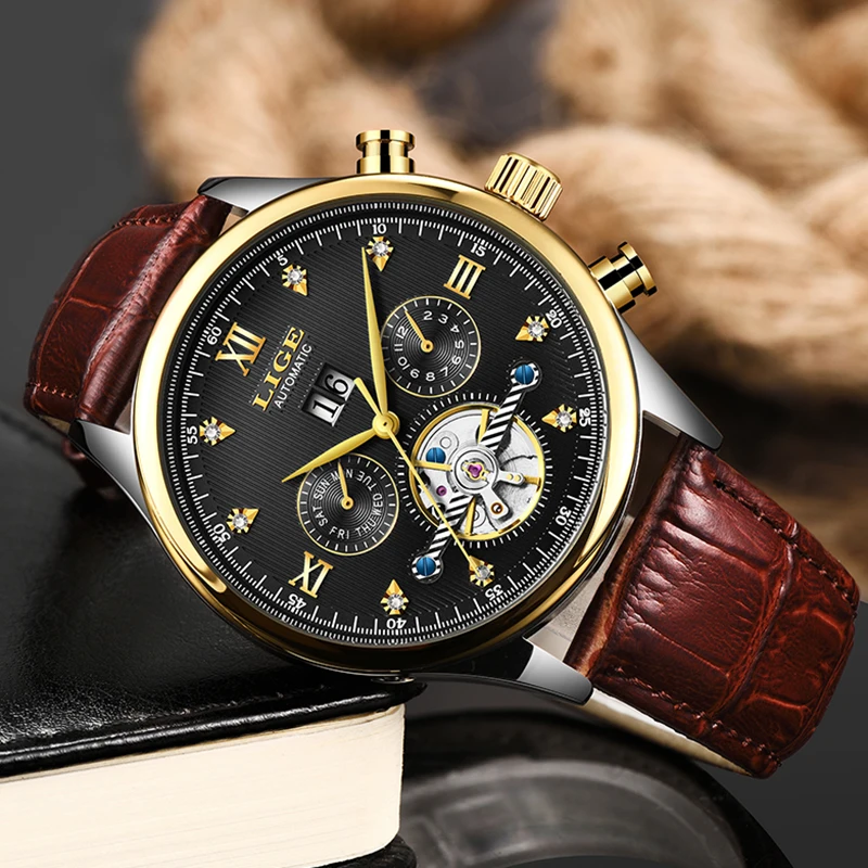 LIGE Брендовые мужские часы автоматические механические часы Tourbillon спортивные часы кожаные повседневные деловые часы в ретро-стиле Relojes Hombre