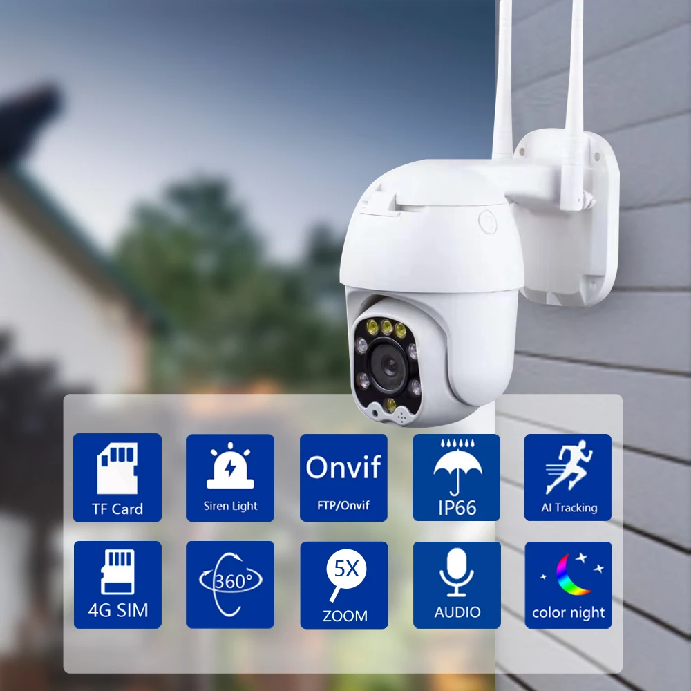 5MP Security Protection Wireless 4G SIM Card Camera Outdoor PTZ WIFI Video Surveillance Onvif IR Night Vision 30M 2.5inch Camhi