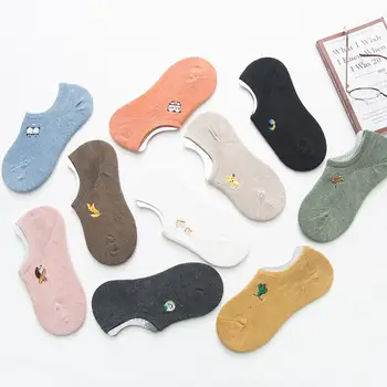 

New Cute Embroidery Pattern Women No Show Socks Funny Animals cat cactus Solid Color Invisible Cotton Socks