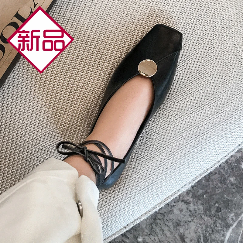 

2020 Spring Calfskin Gray Genuine Leather Low Heel Soft Leather Flat Square Head WOMEN'S Shoes